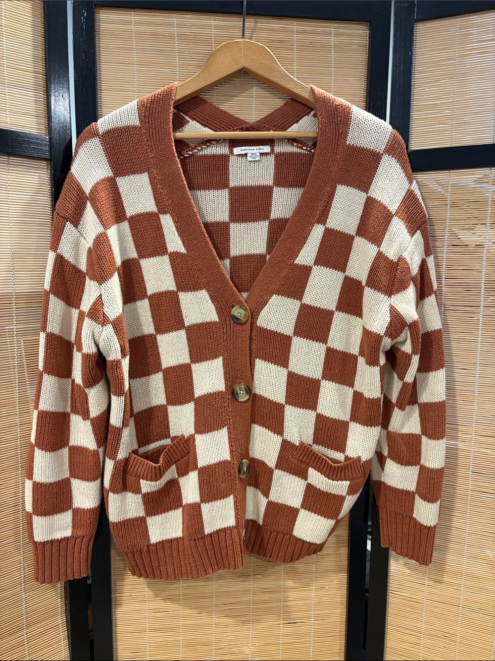 American Eagle Rust & Cream Checkerboard V-Neck Cardigan